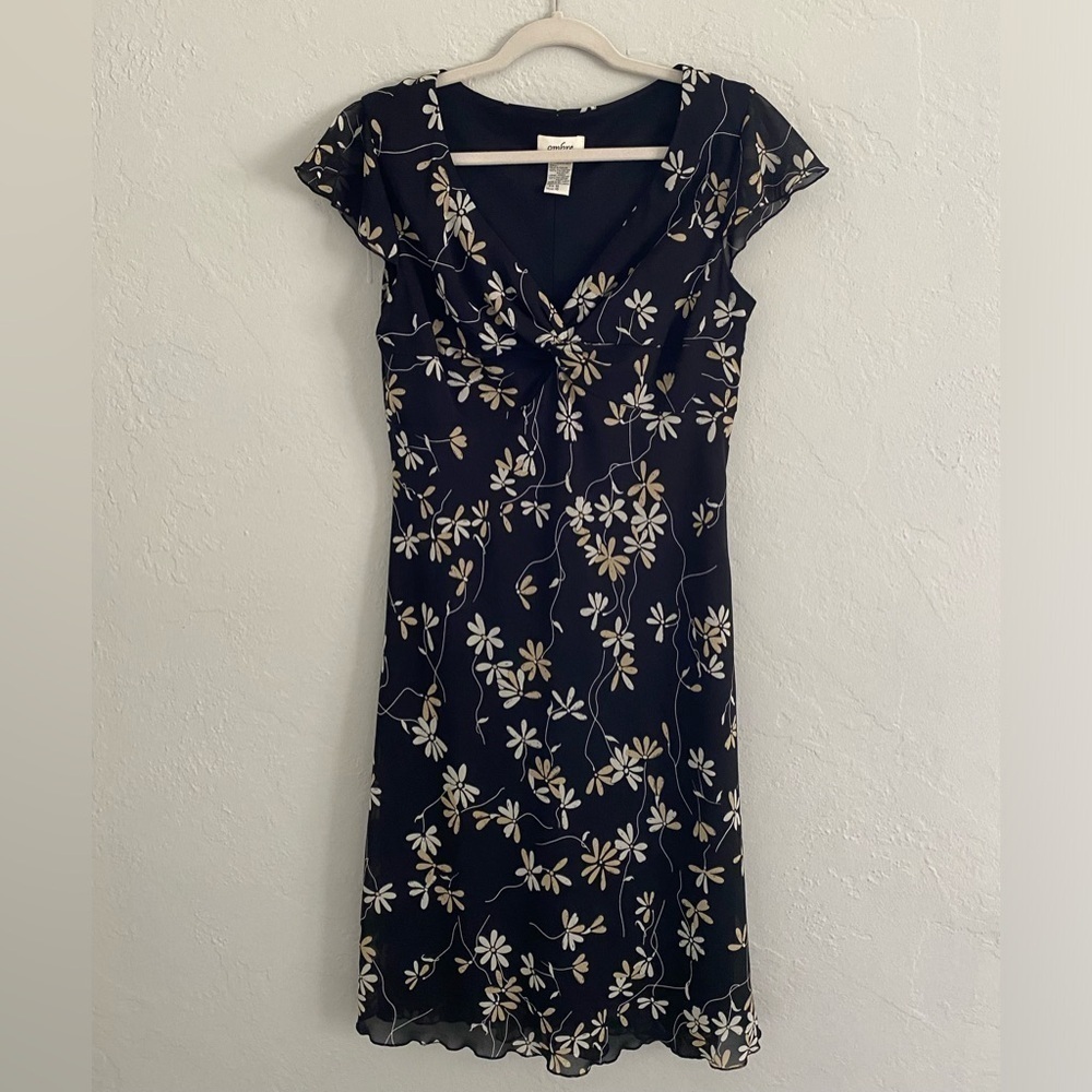 Y2K Ombré Women Black Cap Sleeve Chiffon Floral Lined Knee-Length Dress Size 10